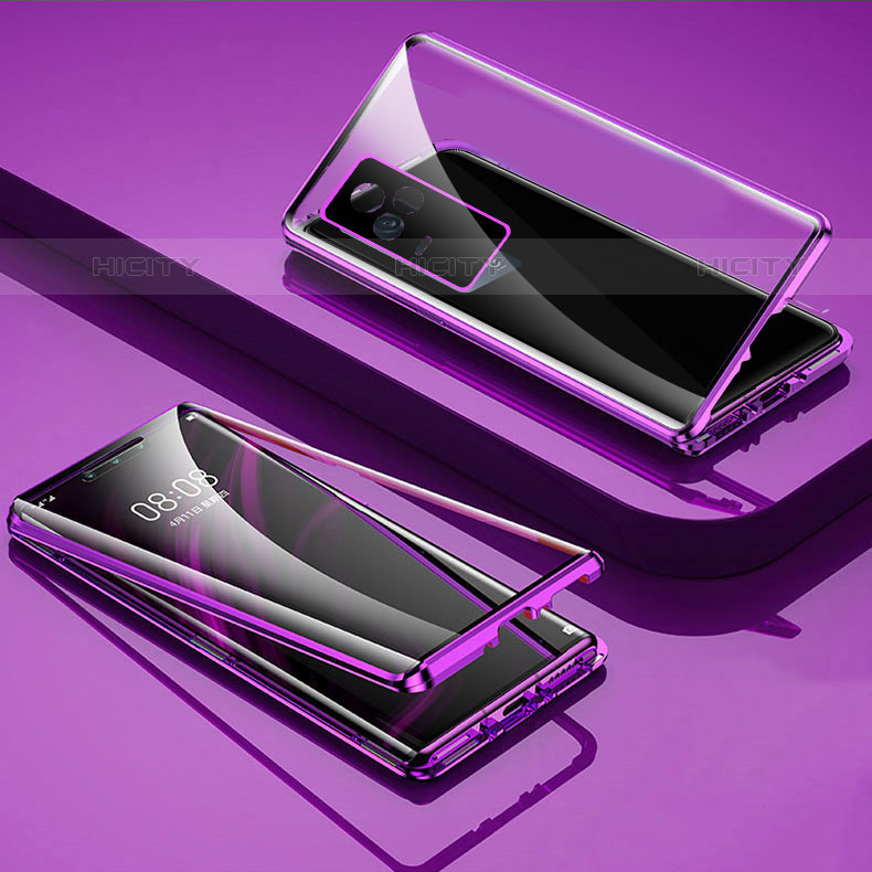 Coque Rebord Bumper Luxe Aluminum Metal Miroir 360 Degres Housse Etui Aimant pour Vivo V21s 5G Violet Plus