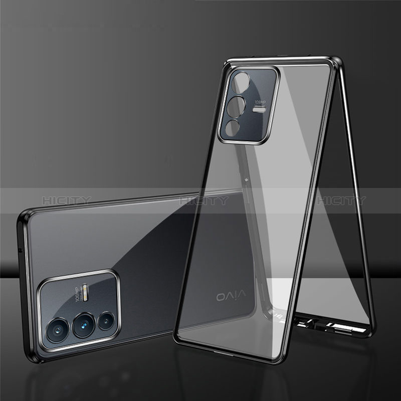 Coque Rebord Bumper Luxe Aluminum Metal Miroir 360 Degres Housse Etui Aimant pour Vivo V23 5G Noir Plus