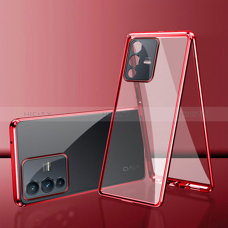 Coque Rebord Bumper Luxe Aluminum Metal Miroir 360 Degres Housse Etui Aimant pour Vivo V23 5G Rouge Plus