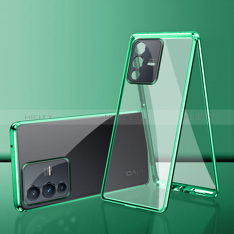 Coque Rebord Bumper Luxe Aluminum Metal Miroir 360 Degres Housse Etui Aimant pour Vivo V23 Pro 5G Vert Plus