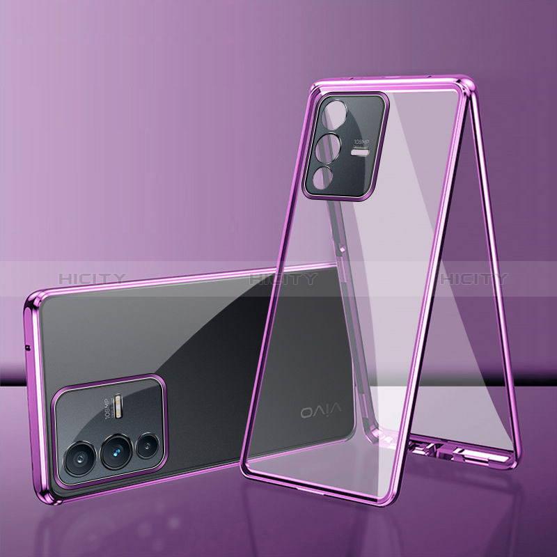 Coque Rebord Bumper Luxe Aluminum Metal Miroir 360 Degres Housse Etui Aimant pour Vivo V23 Pro 5G Violet Plus