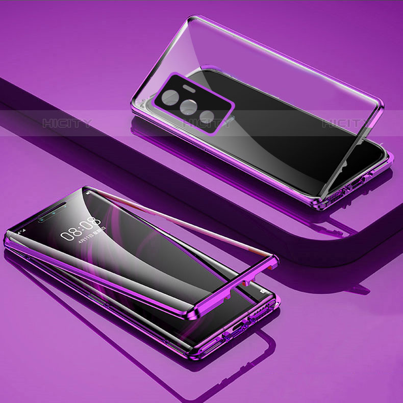 Coque Rebord Bumper Luxe Aluminum Metal Miroir 360 Degres Housse Etui Aimant pour Vivo V23e 5G Violet Plus