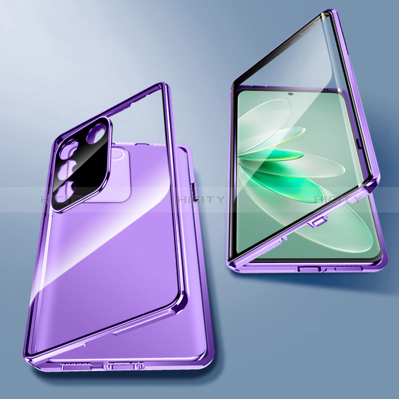 Coque Rebord Bumper Luxe Aluminum Metal Miroir 360 Degres Housse Etui Aimant pour Vivo V27 5G Violet Plus