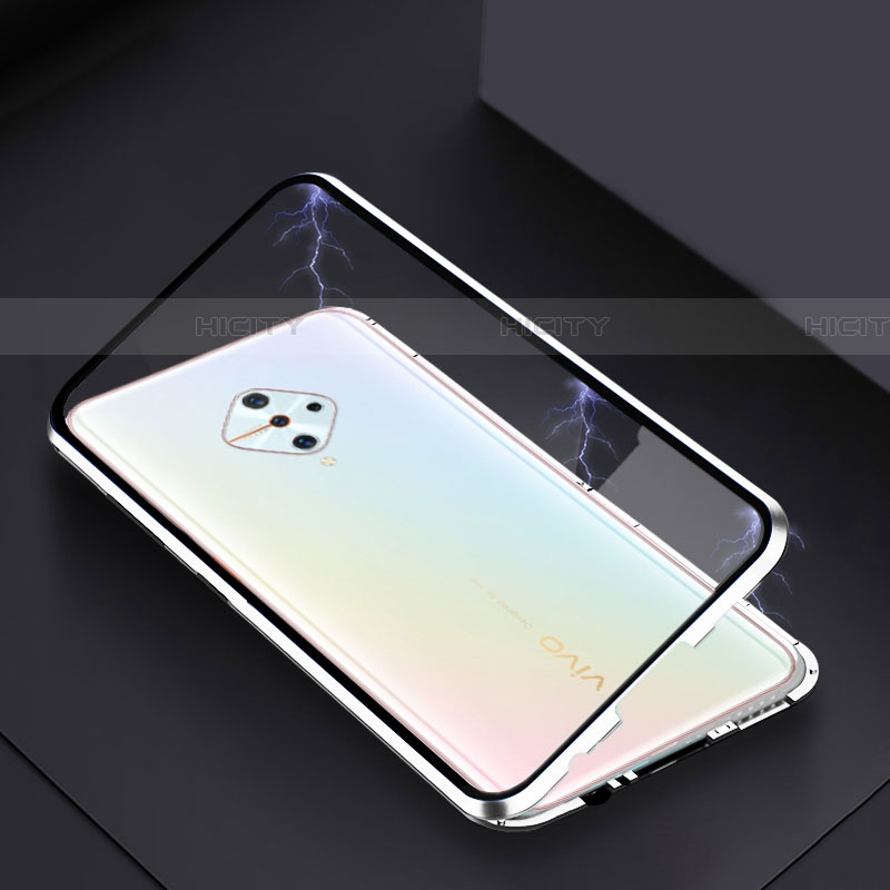 Coque Rebord Bumper Luxe Aluminum Metal Miroir 360 Degres Housse Etui Aimant pour Vivo X50 Lite Argent Plus