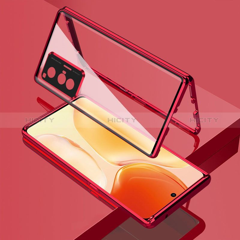 Coque Rebord Bumper Luxe Aluminum Metal Miroir 360 Degres Housse Etui Aimant pour Vivo X70 5G Rouge Plus