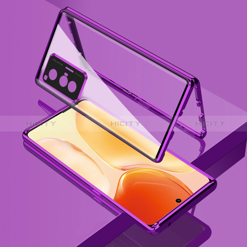 Coque Rebord Bumper Luxe Aluminum Metal Miroir 360 Degres Housse Etui Aimant pour Vivo X70 5G Violet Plus