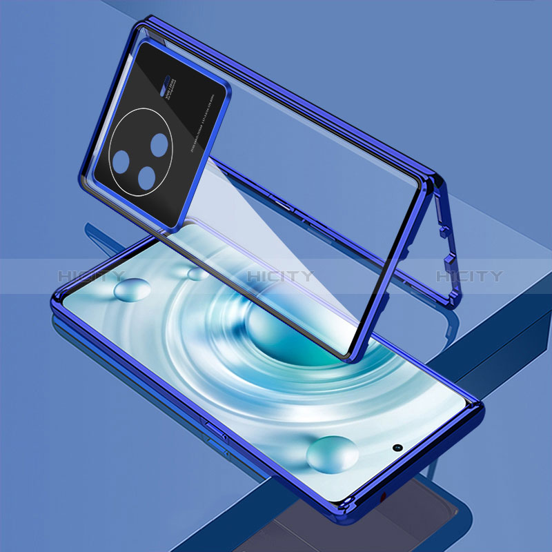 Coque Rebord Bumper Luxe Aluminum Metal Miroir 360 Degres Housse Etui Aimant pour Vivo X80 5G Bleu Plus