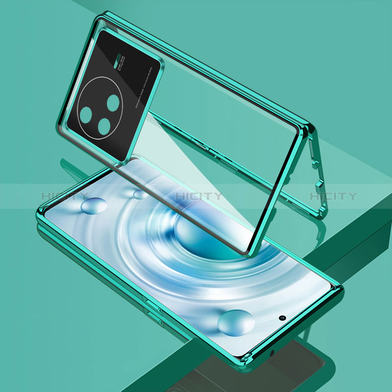 Coque Rebord Bumper Luxe Aluminum Metal Miroir 360 Degres Housse Etui Aimant pour Vivo X80 5G Vert Plus