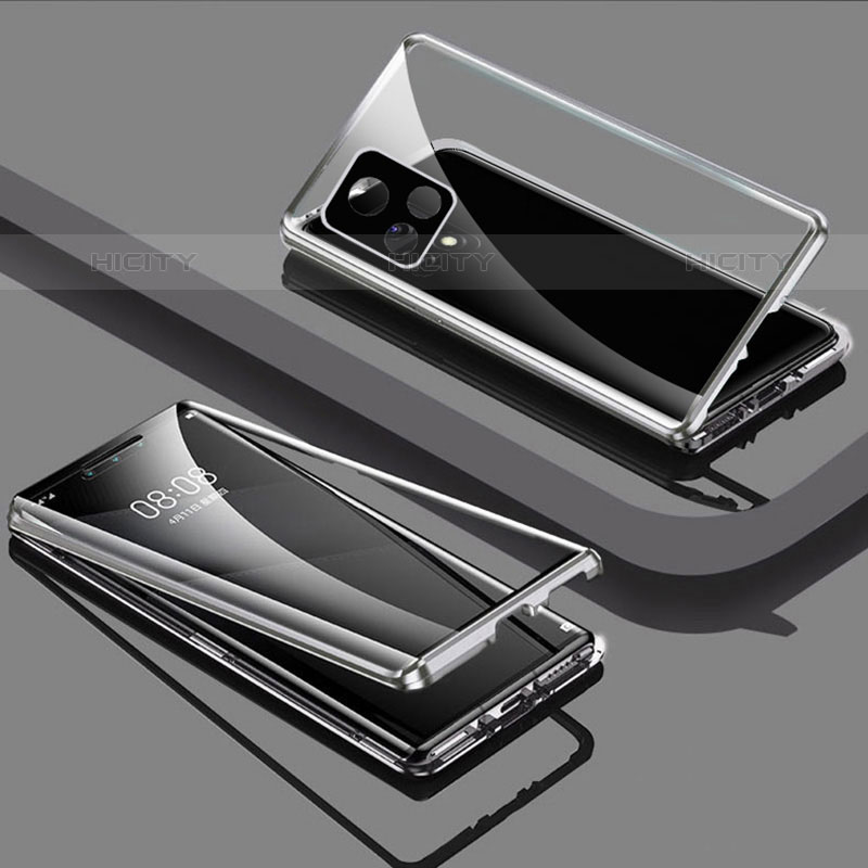 Coque Rebord Bumper Luxe Aluminum Metal Miroir 360 Degres Housse Etui Aimant pour Vivo Y52s 5G Argent Plus