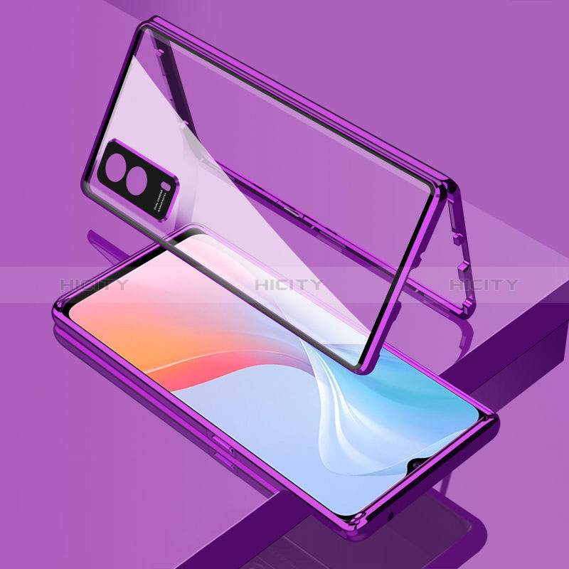 Coque Rebord Bumper Luxe Aluminum Metal Miroir 360 Degres Housse Etui Aimant pour Vivo Y53s t2 Violet Plus