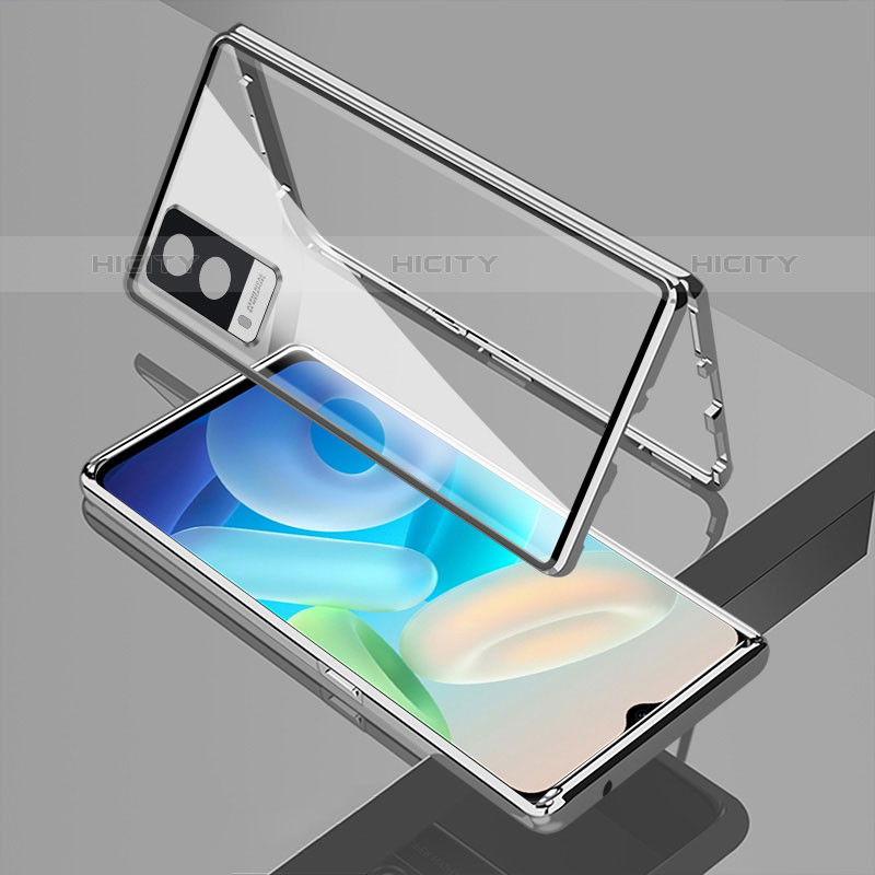 Coque Rebord Bumper Luxe Aluminum Metal Miroir 360 Degres Housse Etui Aimant pour Vivo Y71t 5G Argent Plus