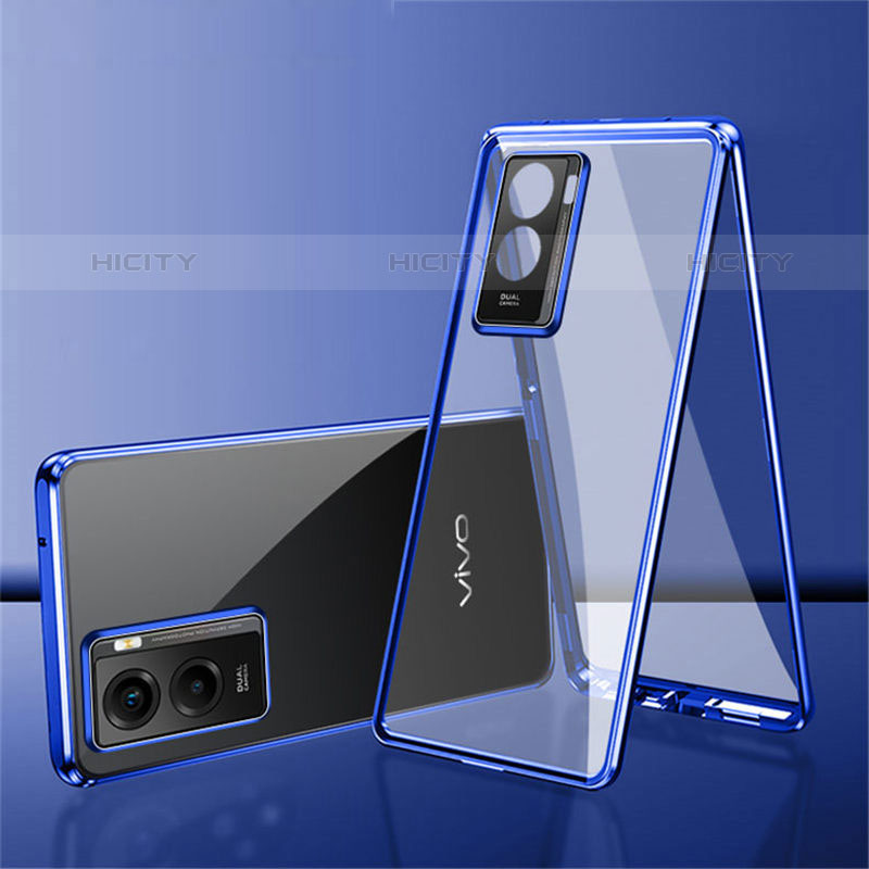 Coque Rebord Bumper Luxe Aluminum Metal Miroir 360 Degres Housse Etui Aimant pour Vivo Y72t Bleu Plus