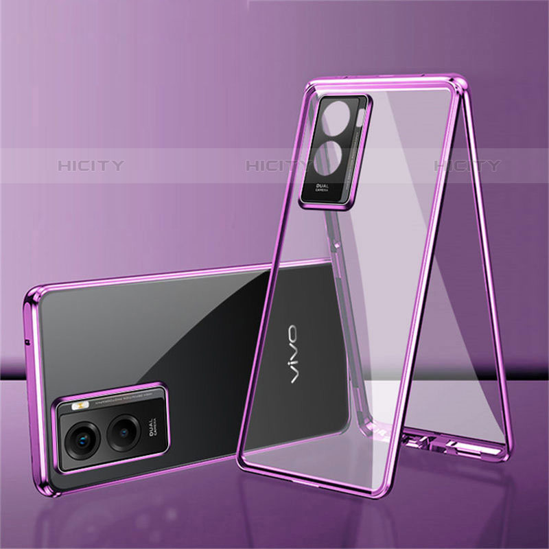 Coque Rebord Bumper Luxe Aluminum Metal Miroir 360 Degres Housse Etui Aimant pour Vivo Y72t Violet Plus