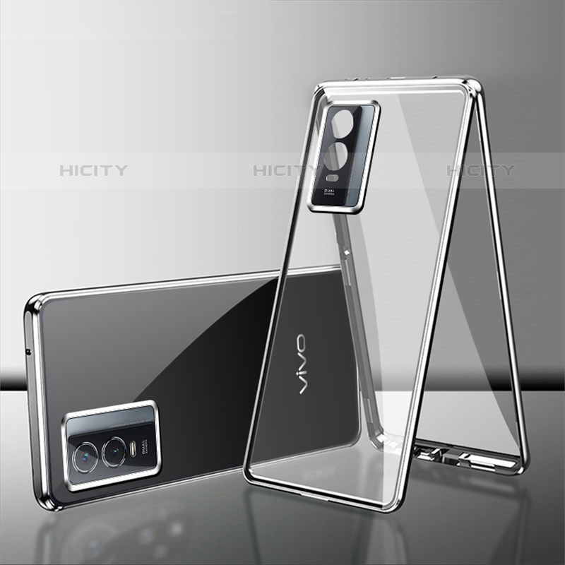 Coque Rebord Bumper Luxe Aluminum Metal Miroir 360 Degres Housse Etui Aimant pour Vivo Y74s 5G Argent Plus