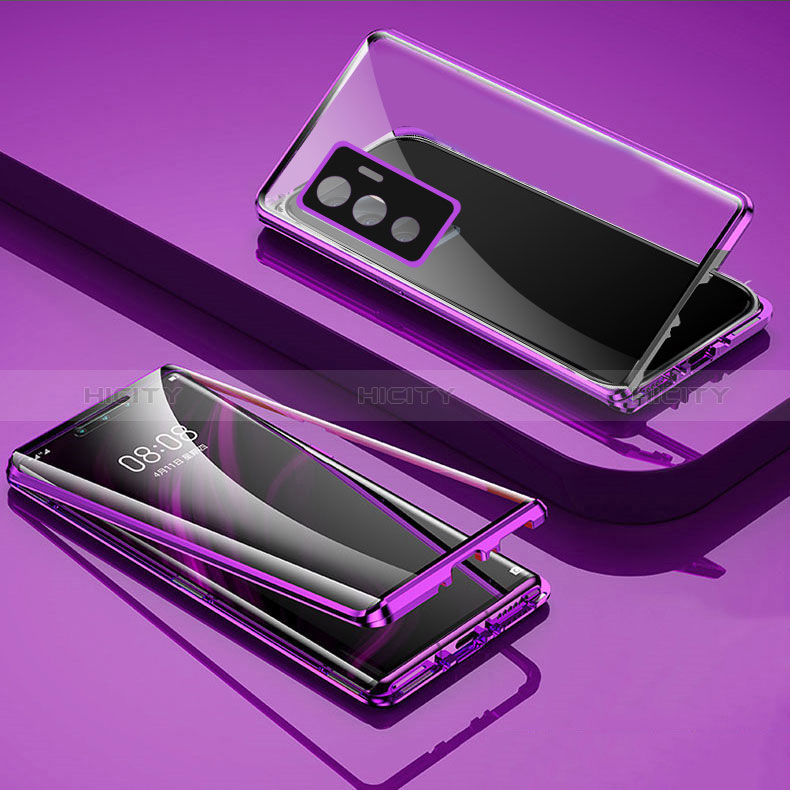 Coque Rebord Bumper Luxe Aluminum Metal Miroir 360 Degres Housse Etui Aimant pour Vivo Y75 4G Violet Plus