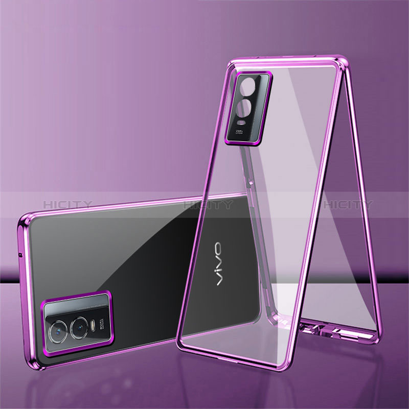 Coque Rebord Bumper Luxe Aluminum Metal Miroir 360 Degres Housse Etui Aimant pour Vivo Y76s 5G Violet Plus