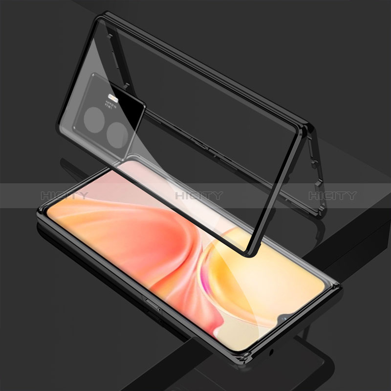 Coque Rebord Bumper Luxe Aluminum Metal Miroir 360 Degres Housse Etui Aimant pour Vivo Y77 5G Noir Plus