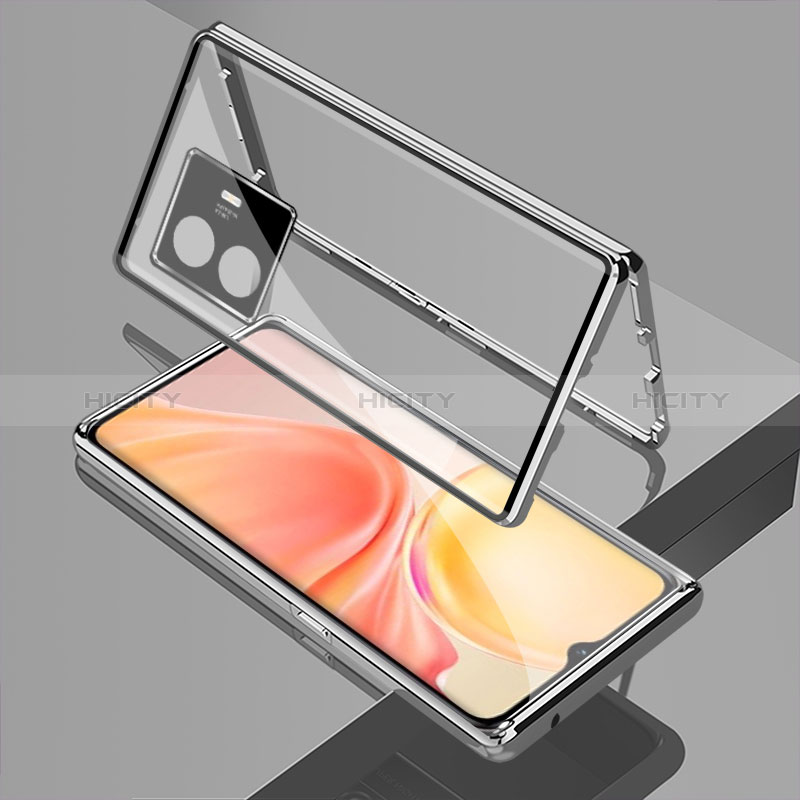 Coque Rebord Bumper Luxe Aluminum Metal Miroir 360 Degres Housse Etui Aimant pour Vivo Y77e 5G Argent Plus