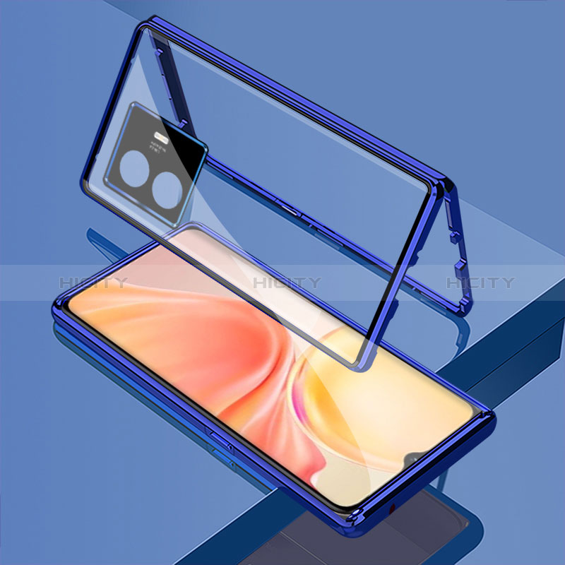 Coque Rebord Bumper Luxe Aluminum Metal Miroir 360 Degres Housse Etui Aimant pour Vivo Y77e 5G Bleu Plus