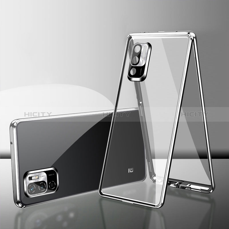 Coque Rebord Bumper Luxe Aluminum Metal Miroir 360 Degres Housse Etui Aimant pour Xiaomi POCO M3 Pro 5G Argent Plus
