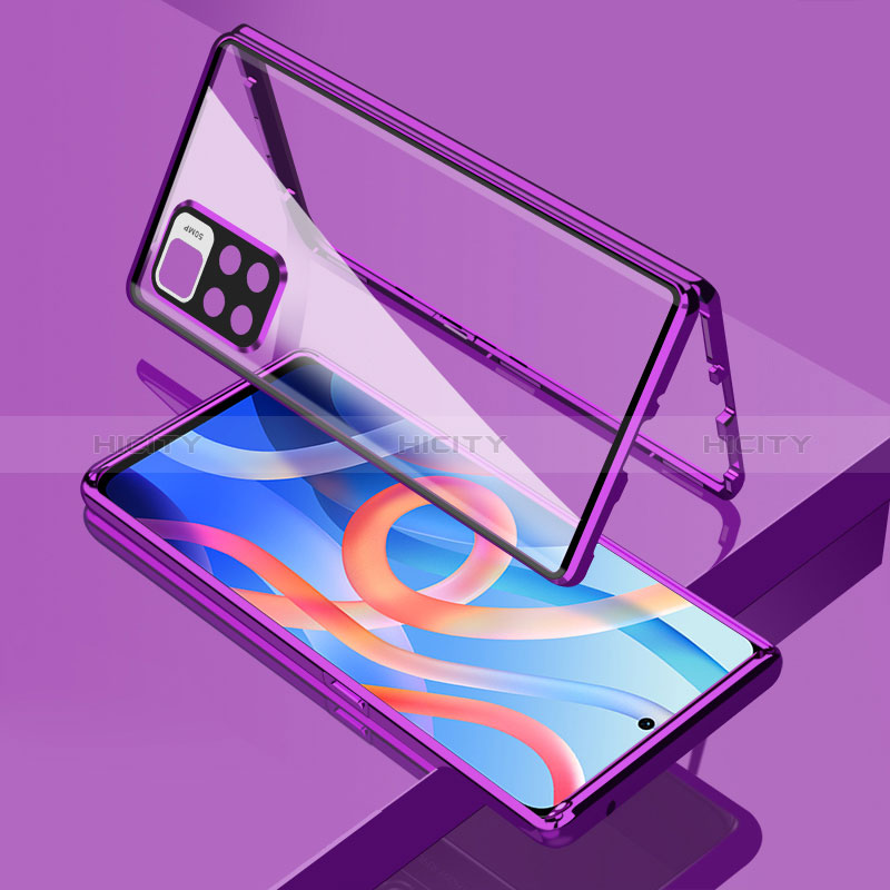 Coque Rebord Bumper Luxe Aluminum Metal Miroir 360 Degres Housse Etui Aimant pour Xiaomi Poco M4 Pro 5G Violet Plus