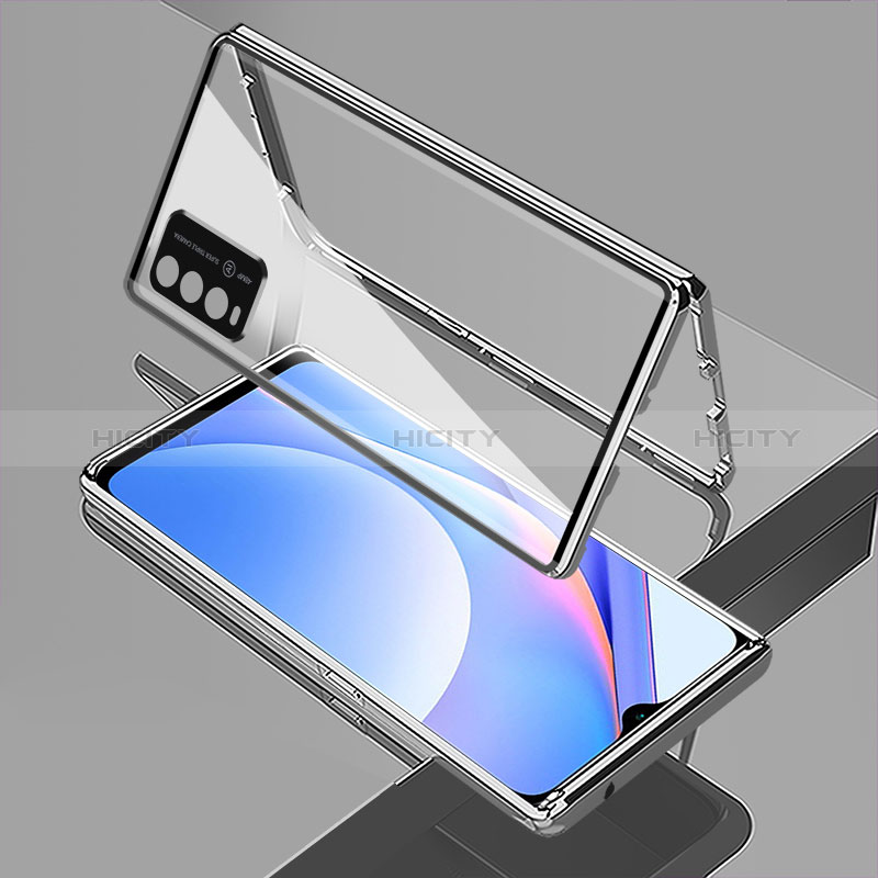 Coque Rebord Bumper Luxe Aluminum Metal Miroir 360 Degres Housse Etui Aimant pour Xiaomi Redmi 9 Power Argent Plus