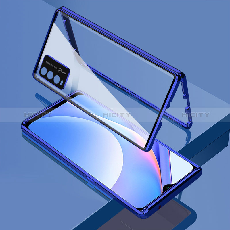 Coque Rebord Bumper Luxe Aluminum Metal Miroir 360 Degres Housse Etui Aimant pour Xiaomi Redmi 9 Power Bleu Plus