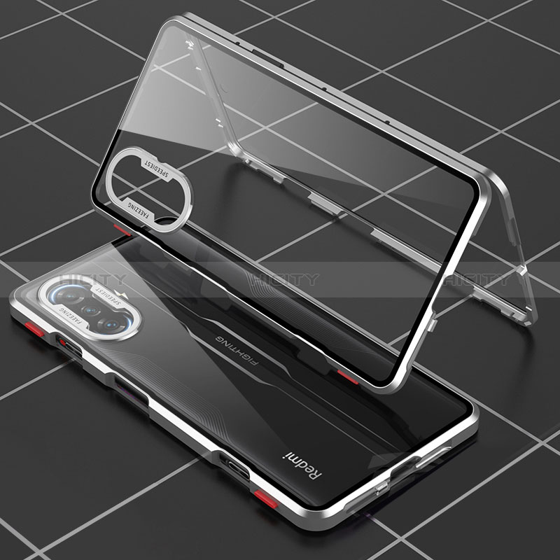 Coque Rebord Bumper Luxe Aluminum Metal Miroir 360 Degres Housse Etui Aimant pour Xiaomi Redmi K40 Gaming 5G Argent Plus