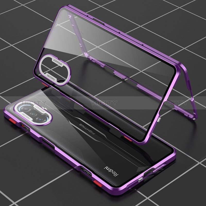 Coque Rebord Bumper Luxe Aluminum Metal Miroir 360 Degres Housse Etui Aimant pour Xiaomi Redmi K40 Gaming 5G Violet Plus