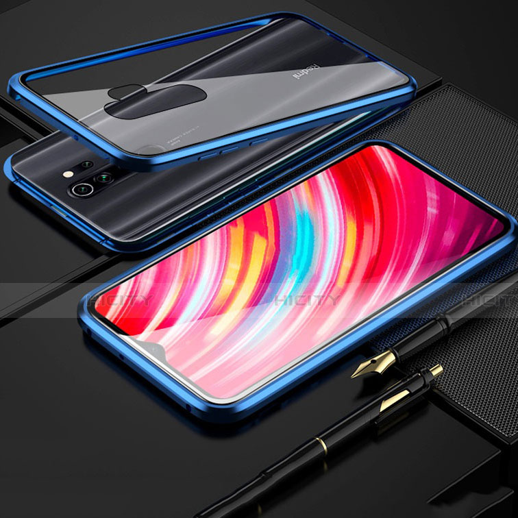 Coque Rebord Bumper Luxe Aluminum Metal Miroir 360 Degres Housse Etui Aimant pour Xiaomi Redmi Note 8 Pro Bleu Plus