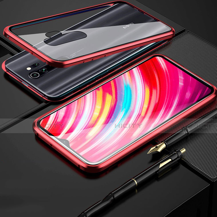 Coque Rebord Bumper Luxe Aluminum Metal Miroir 360 Degres Housse Etui Aimant pour Xiaomi Redmi Note 8 Pro Rouge Plus