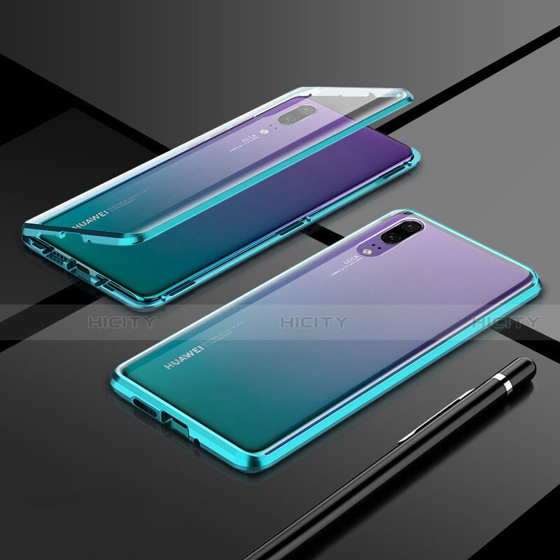 Coque Rebord Bumper Luxe Aluminum Metal Miroir 360 Degres Housse Etui Aimant T01 pour Huawei P20 Cyan Plus