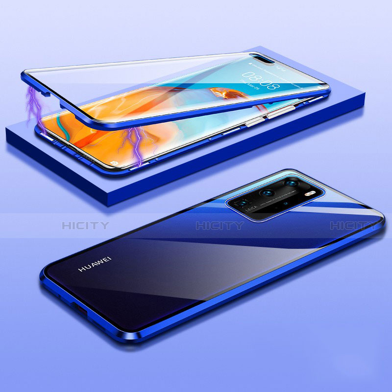 Coque Rebord Bumper Luxe Aluminum Metal Miroir 360 Degres Housse Etui Aimant T01 pour Huawei P40 Pro Bleu Plus