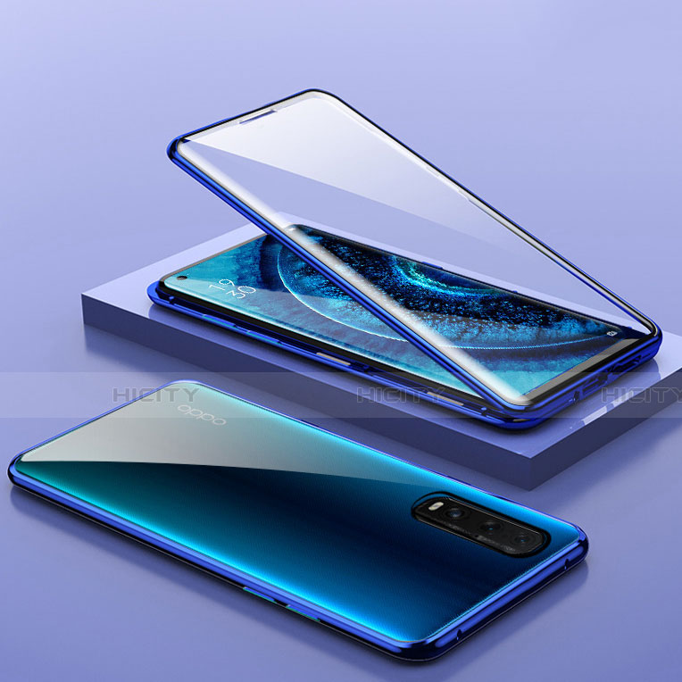 Coque Rebord Bumper Luxe Aluminum Metal Miroir 360 Degres Housse Etui Aimant T01 pour Oppo Find X2 Bleu Plus