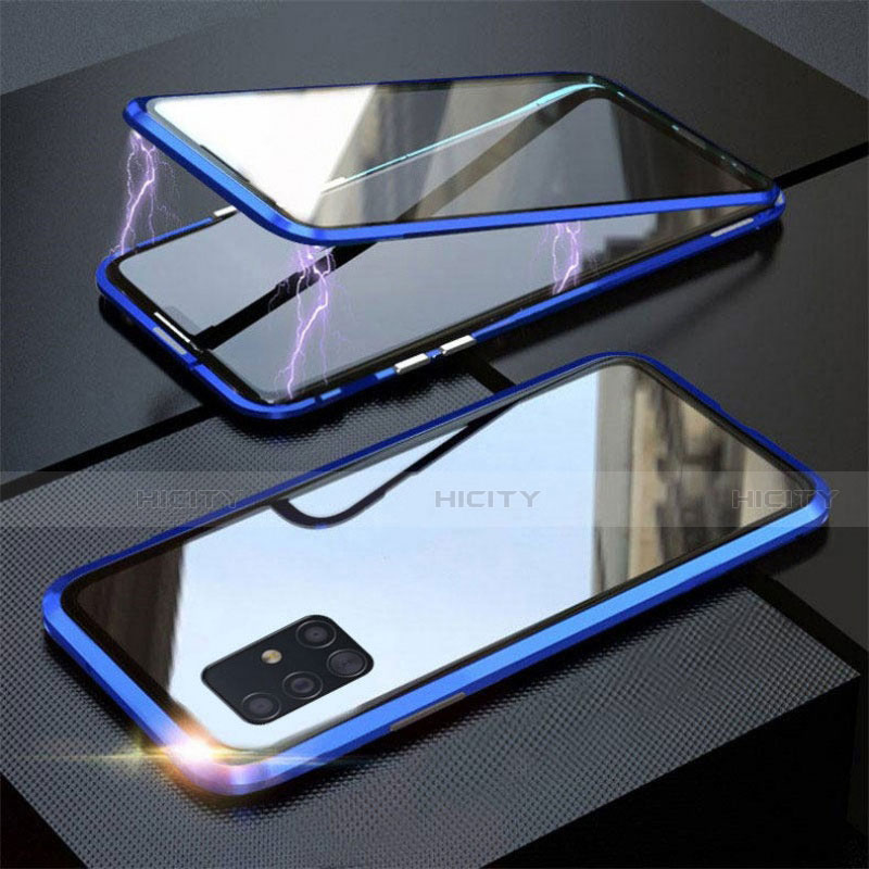 Coque Rebord Bumper Luxe Aluminum Metal Miroir 360 Degres Housse Etui Aimant T01 pour Samsung Galaxy A51 5G Bleu Plus