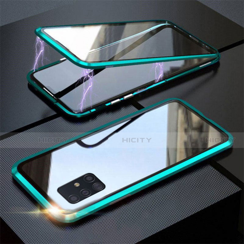 Coque Rebord Bumper Luxe Aluminum Metal Miroir 360 Degres Housse Etui Aimant T01 pour Samsung Galaxy A51 5G Cyan Plus