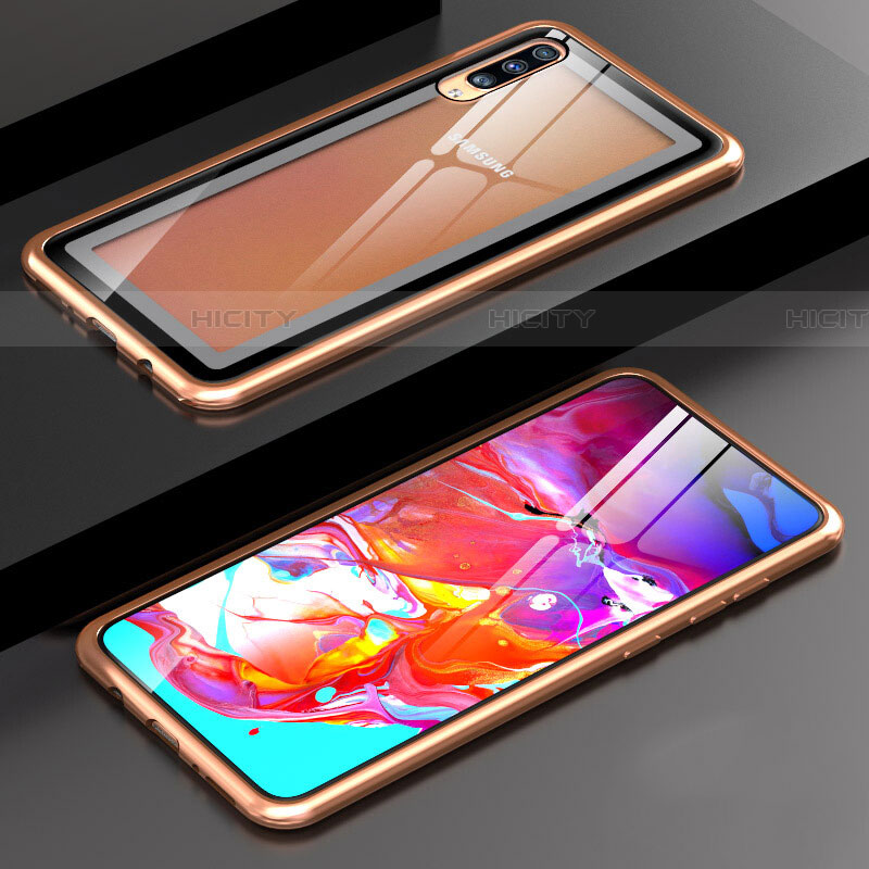 Coque Rebord Bumper Luxe Aluminum Metal Miroir 360 Degres Housse Etui Aimant T01 pour Samsung Galaxy A70 Or Plus