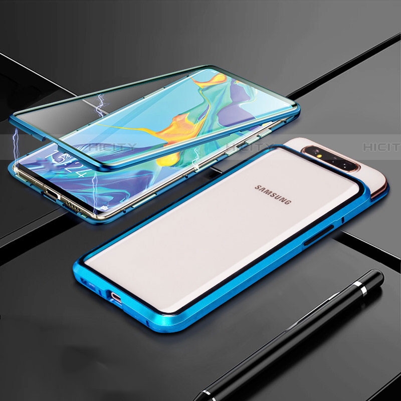 Coque Rebord Bumper Luxe Aluminum Metal Miroir 360 Degres Housse Etui Aimant T01 pour Samsung Galaxy A80 Bleu Plus