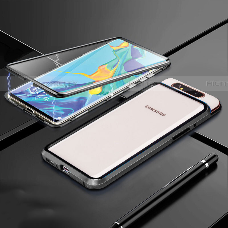 Coque Rebord Bumper Luxe Aluminum Metal Miroir 360 Degres Housse Etui Aimant T01 pour Samsung Galaxy A90 4G Noir Plus