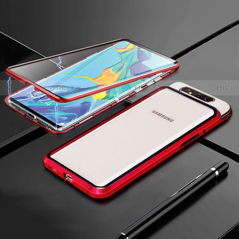 Coque Rebord Bumper Luxe Aluminum Metal Miroir 360 Degres Housse Etui Aimant T01 pour Samsung Galaxy A90 4G Rouge Plus