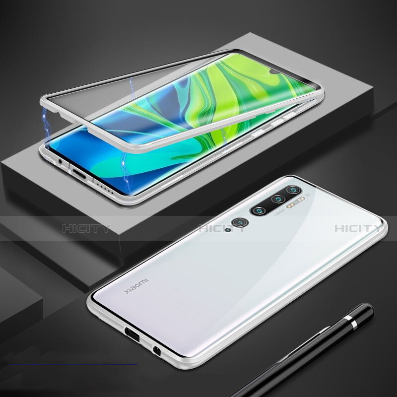 Coque Rebord Bumper Luxe Aluminum Metal Miroir 360 Degres Housse Etui Aimant T01 pour Xiaomi Mi Note 10 Pro Blanc Plus