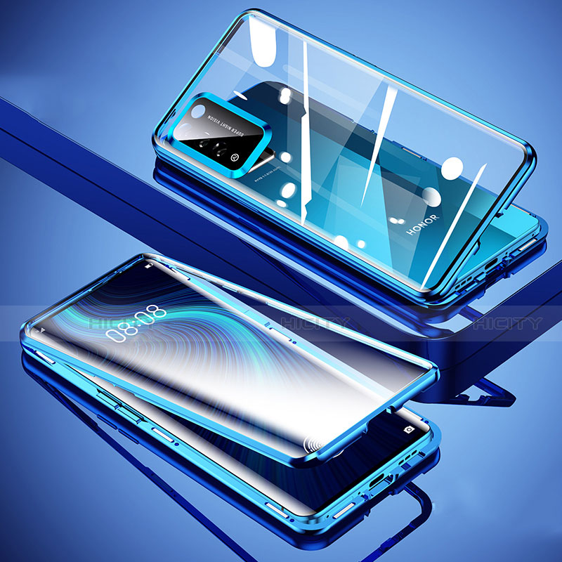 Coque Rebord Bumper Luxe Aluminum Metal Miroir 360 Degres Housse Etui Aimant T02 pour Huawei Honor X10 5G Bleu Plus