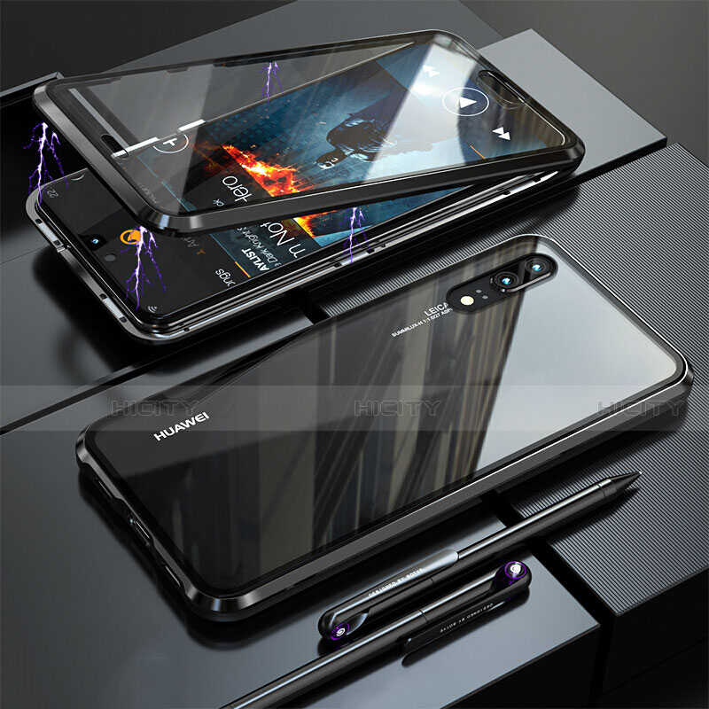 Coque Rebord Bumper Luxe Aluminum Metal Miroir 360 Degres Housse Etui Aimant T02 pour Huawei P20 Noir Plus