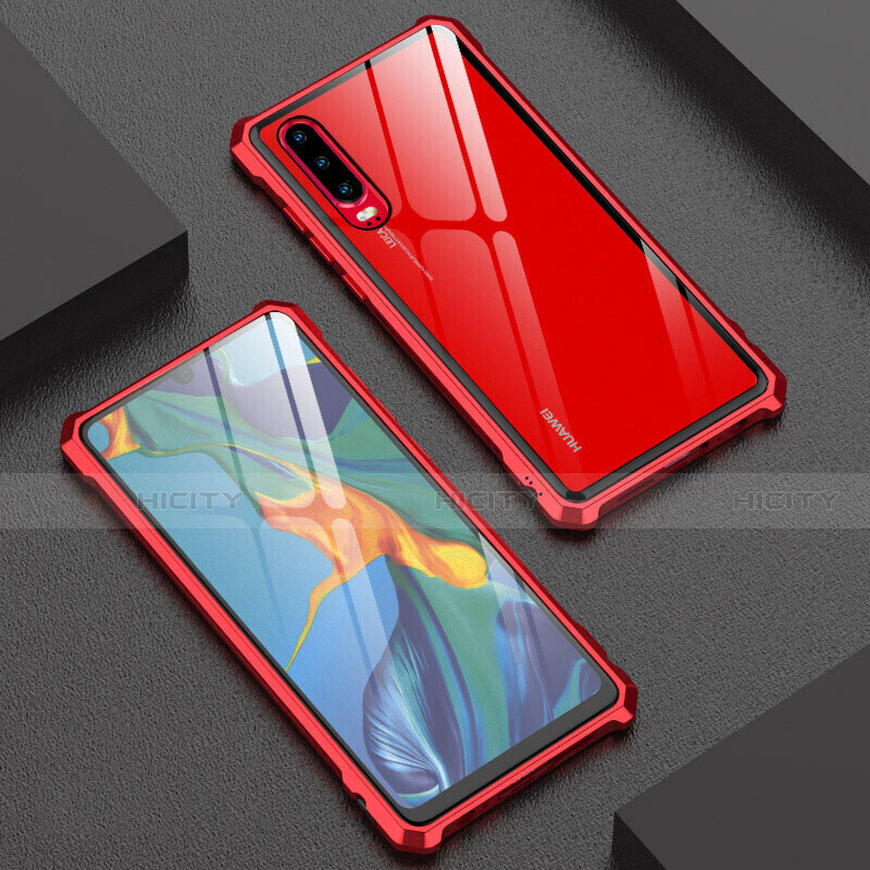 Coque Rebord Bumper Luxe Aluminum Metal Miroir 360 Degres Housse Etui Aimant T02 pour Huawei P30 Rouge Plus