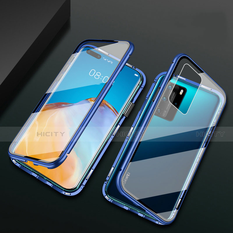 Coque Rebord Bumper Luxe Aluminum Metal Miroir 360 Degres Housse Etui Aimant T02 pour Huawei P40 Pro Bleu Plus