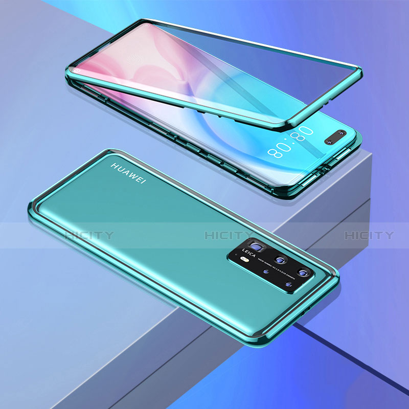 Coque Rebord Bumper Luxe Aluminum Metal Miroir 360 Degres Housse Etui Aimant T02 pour Huawei P40 Pro+ Plus Cyan Plus