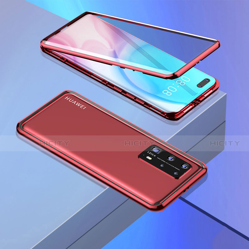 Coque Rebord Bumper Luxe Aluminum Metal Miroir 360 Degres Housse Etui Aimant T02 pour Huawei P40 Pro+ Plus Rouge Plus