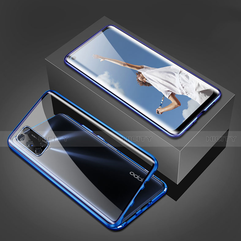 Coque Rebord Bumper Luxe Aluminum Metal Miroir 360 Degres Housse Etui Aimant T02 pour Oppo A52 Bleu Plus