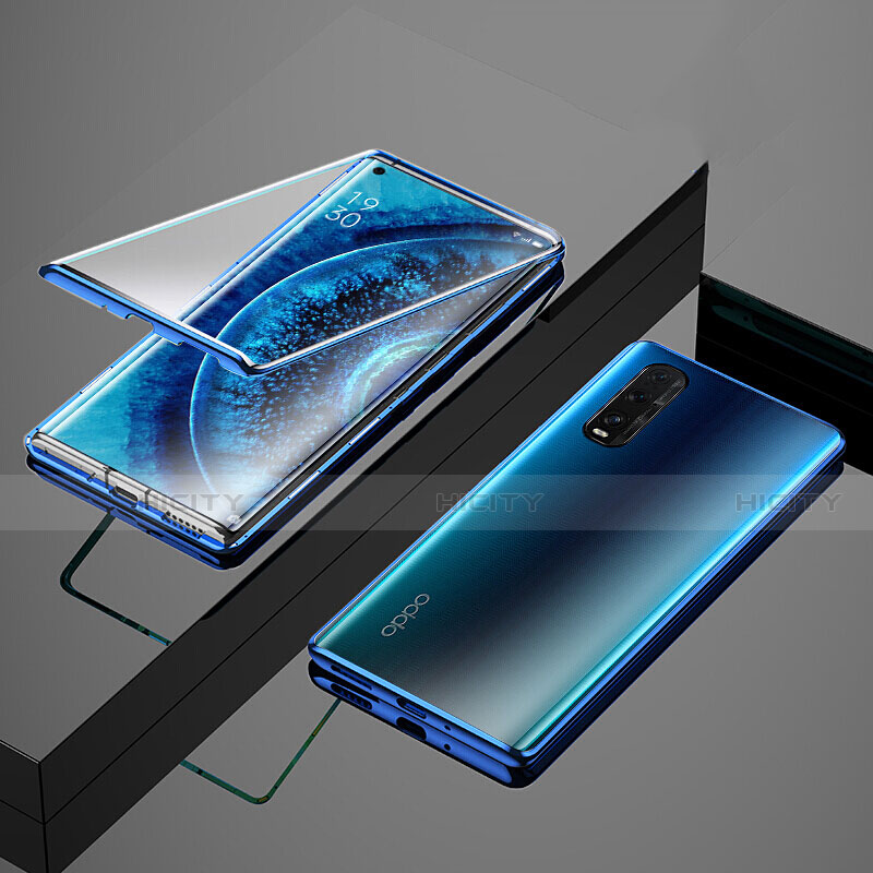 Coque Rebord Bumper Luxe Aluminum Metal Miroir 360 Degres Housse Etui Aimant T02 pour Oppo Find X2 Bleu Plus