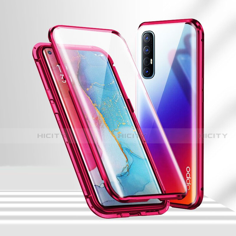 Coque Rebord Bumper Luxe Aluminum Metal Miroir 360 Degres Housse Etui Aimant T02 pour Oppo Find X2 Neo Rouge Plus